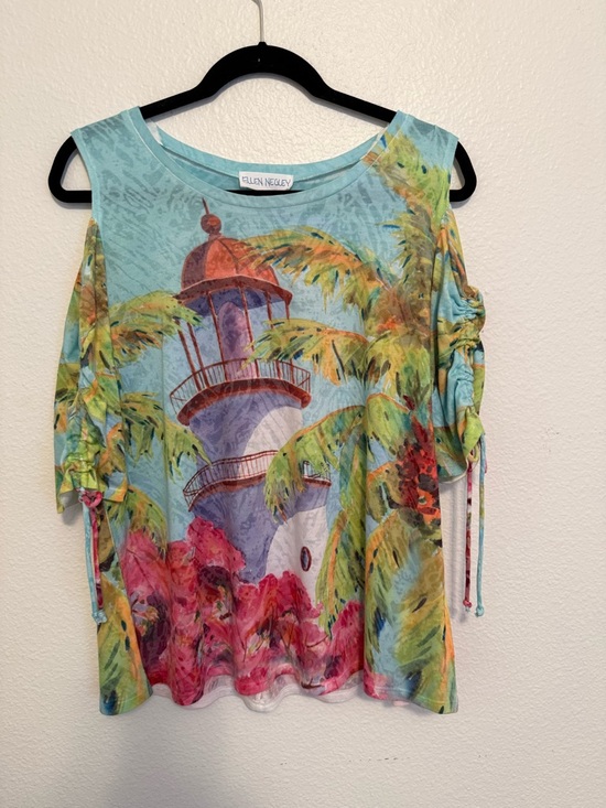 Tops - Tropical Turquoise Print Cold-Shoulder Top Size Petite Large
